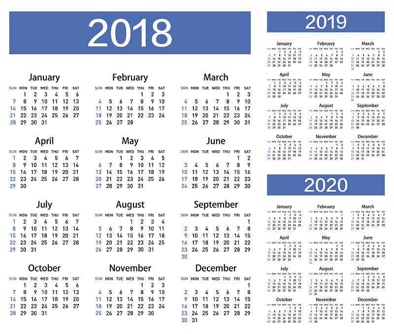 2019,2020,日历,2018,矢量,九月,月,五月,一月,八月