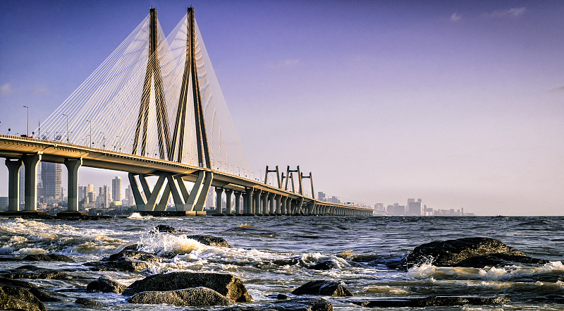 海洋,孟买,印度,桥,著名景点,城市天际线,吊桥,都市风景,水,水平画幅