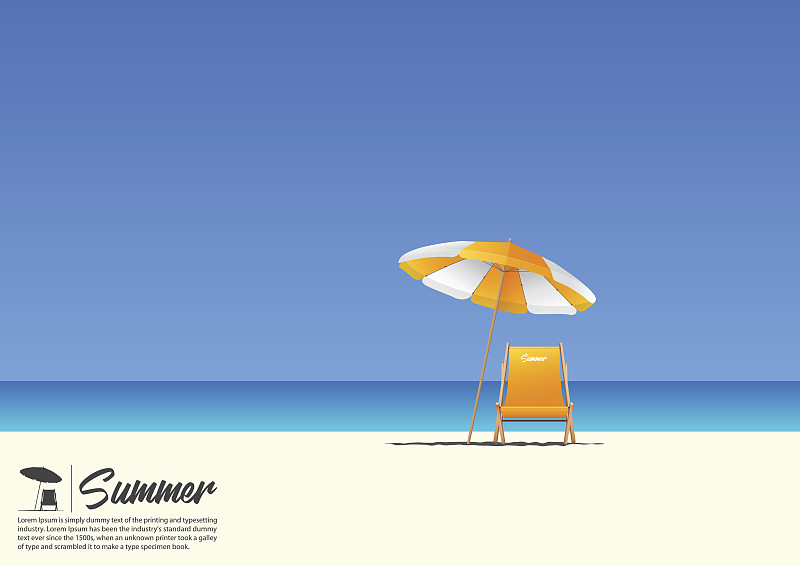 海滩,伞,椅子,文字,留白,天空,地形,夏天,蓝色,背景