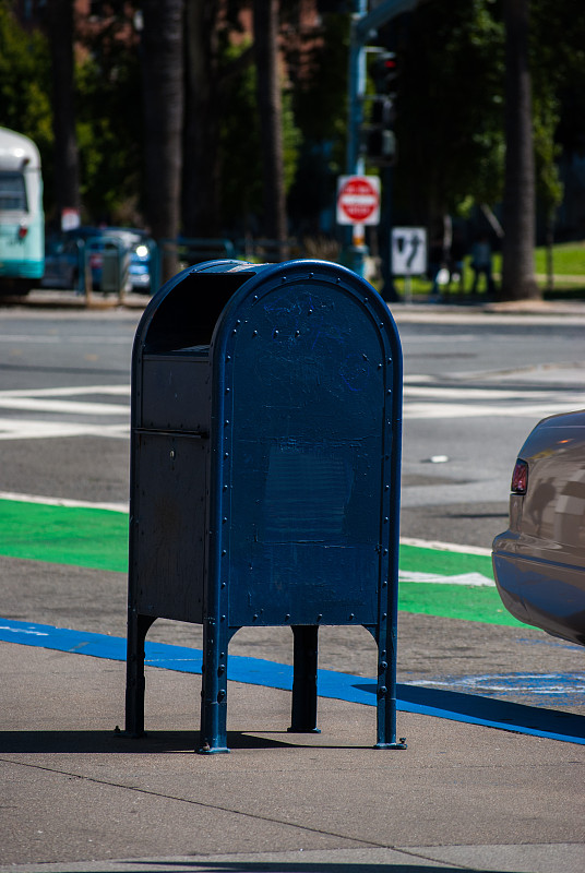 邮筒,角落,街道,蓝色,捐款箱,街道清洁工,邮局,公共信箱,路边,旧金山湾区