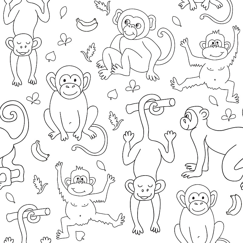 猴子,香蕉,四方连续纹样,叶子,灵长目,彩色书,猿,黑猩猩属,轮廓线画,连续性
