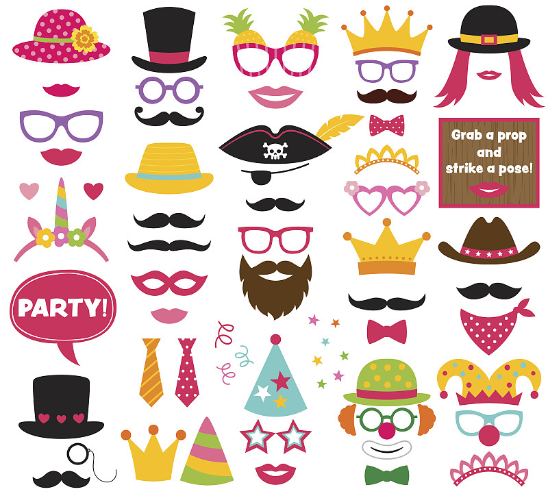 道具,大头贴,乐趣,矢量,派对帽,面具,小丑的鼻子,古服装,个人随身用品