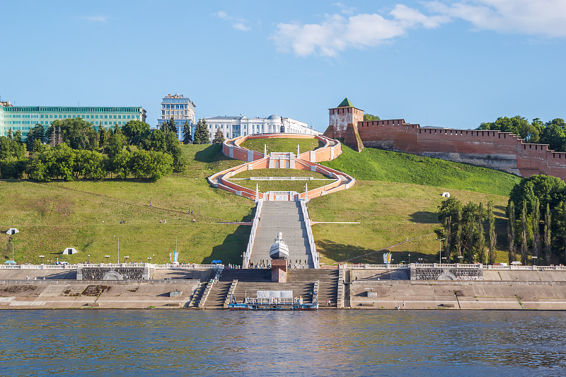 下诺夫哥罗德,克里姆林宫,楼梯,夏天,莫斯科水电站,伏尔加河,诺夫哥罗德,码头周围,客船,客轮
