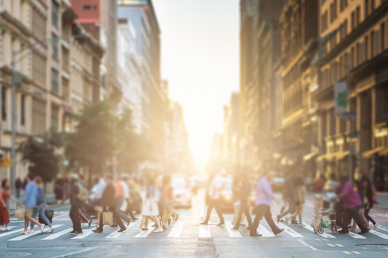 行人,人群,纽约,人行横道,无法辨认的人,市区路,热,背景聚焦,日落,步行
