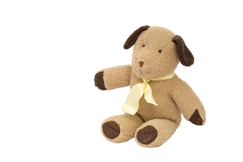 娃娃,狗,分离着色,黄丝带,白色背景,领带,褐色,动物玩具,塞满了的,毛绒玩具