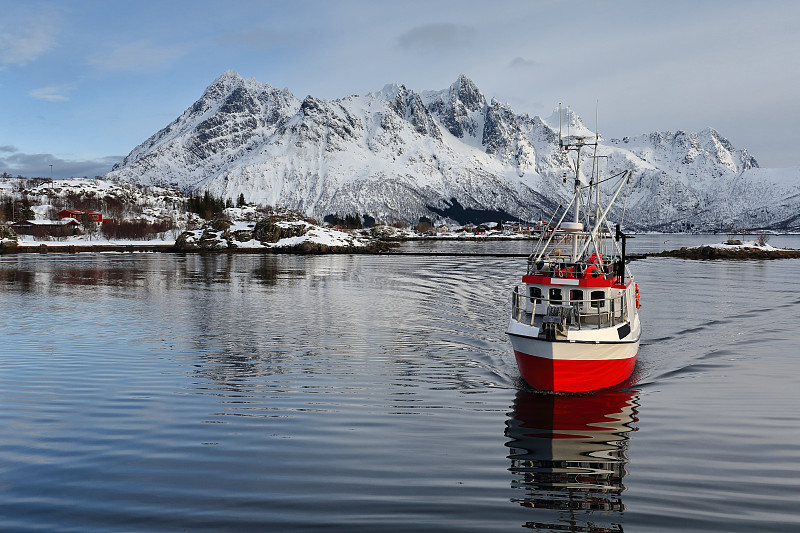 渔船,北地,奥斯特尼斯湾,挪威,东亚,海湾,水,水平画幅,雪,无人