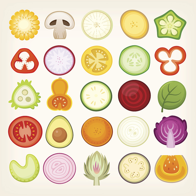 切片食物,蔬菜,一半的,胡瓜,灯笼椒,绘画插图,南瓜,生姜,西红柿,墨西哥椒
