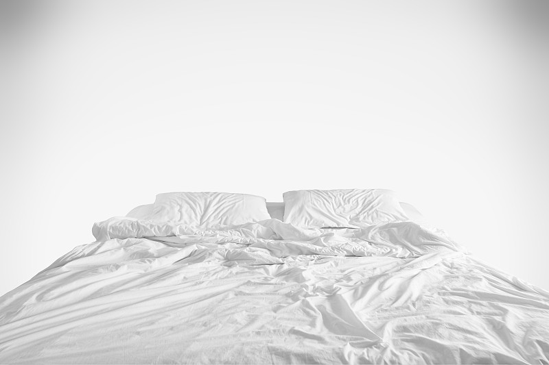 早晨,凌乱,毯子,弄皱的,床,羽绒被,舒服,枕头,白色背景,睡觉