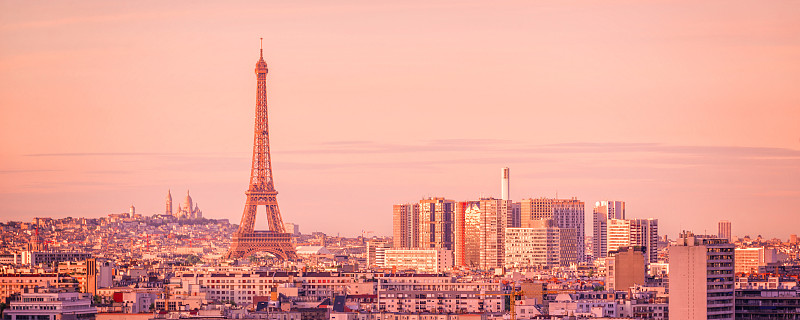 法国,全景,城市天际线,欧洲,埃菲尔铁塔,蒙马特区,巴黎,城市游,背景聚焦,日落