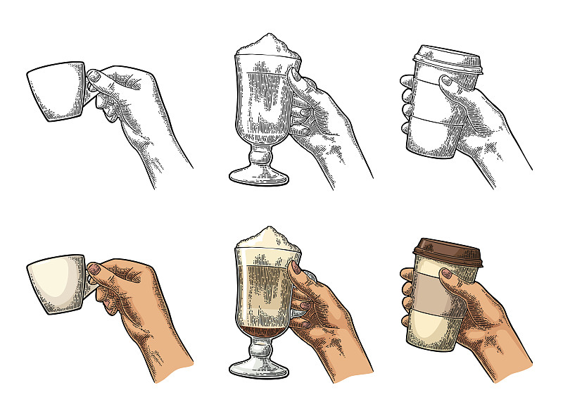 手,拿铁咖啡,咖啡杯,拿着,玻璃杯,四肢,咖啡店,水平画幅,绘画插图,奶泡