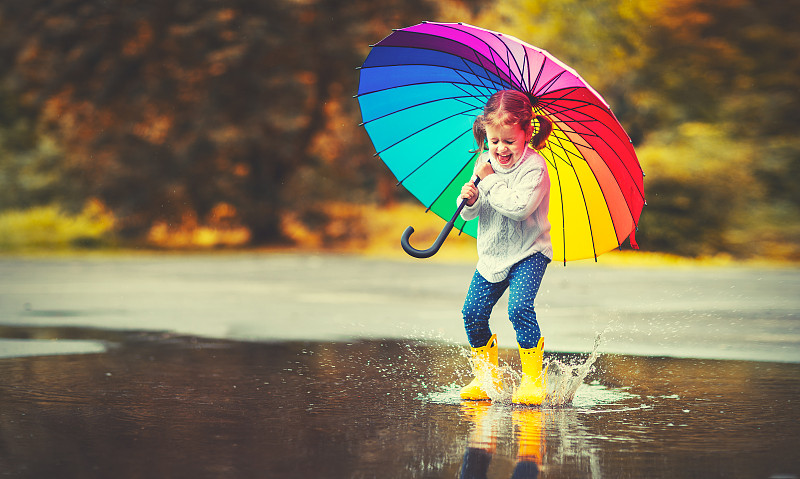 伞,儿童,女孩,水坑,乐趣,幸福,雨鞋,水,学龄前,夏天