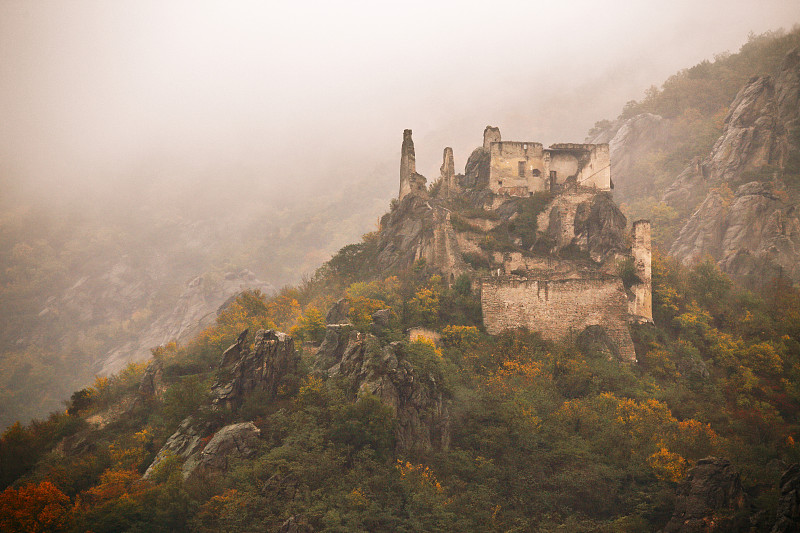 城堡,秋天,风景,色彩鲜艳,杜恩施泰因,多瑙河谷,废墟,奥地利,十月,中世纪时代