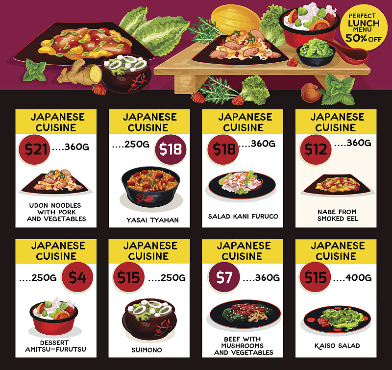 菜单,日本食品,矢量,餐馆,天妇罗虾,芥末酱,味噌汤,日式炖菜,乌冬面,便当盒