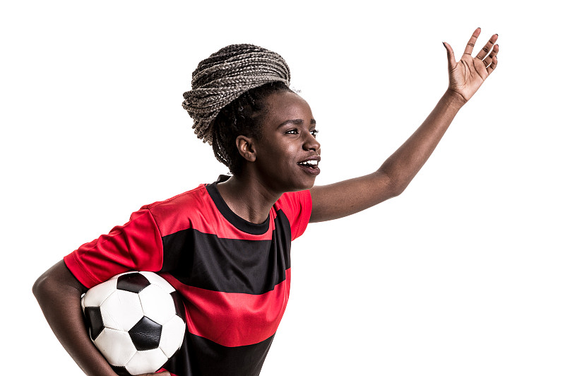 红色,足球运动,青年女人,制服,黑色,分离着色,爆炸头,白色背景,尼日尔,莫桑比克