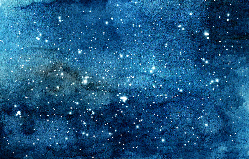 绘画插图,天空,夜晚,水彩画,手工着色,水,星系,星星,月亮,星云
