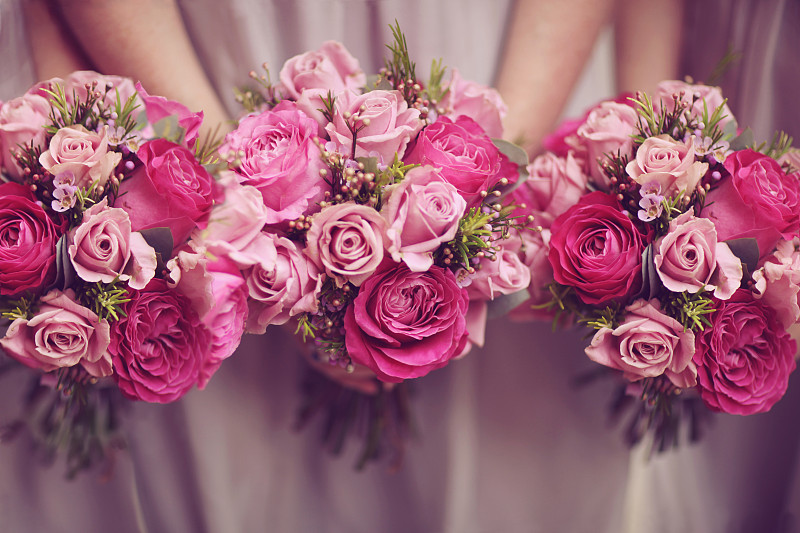 花束,玫瑰,粉色,女傧相,三个人,选择对焦,美,水平画幅,特写