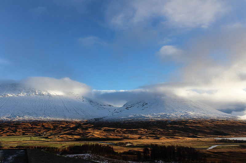 山顶,苏格兰高地,两只动物,水,天空,利文湖,雪,湖,草,冬天