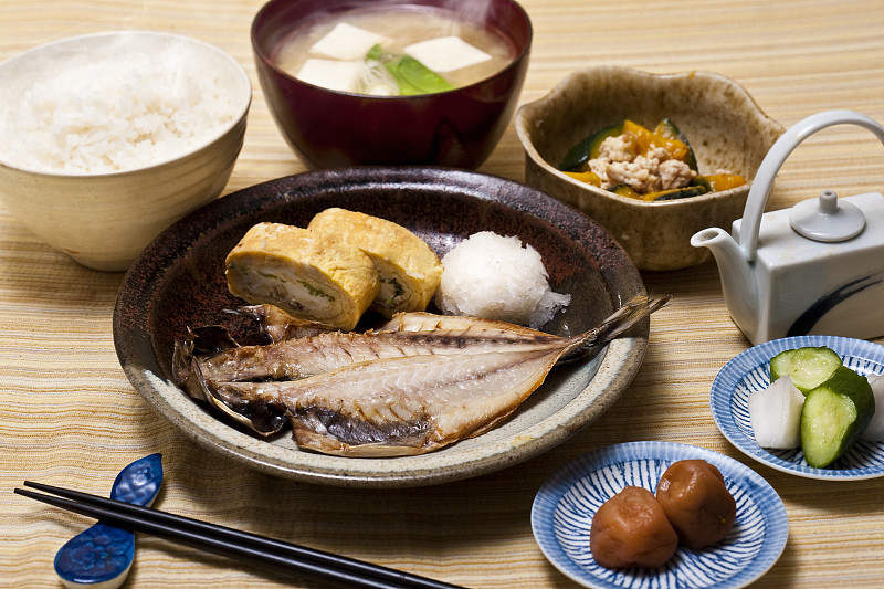 早餐,日本料理,味噌汤,味噌酱,日本食品,日本,鲭鱼,水平画幅,鸡蛋,无人