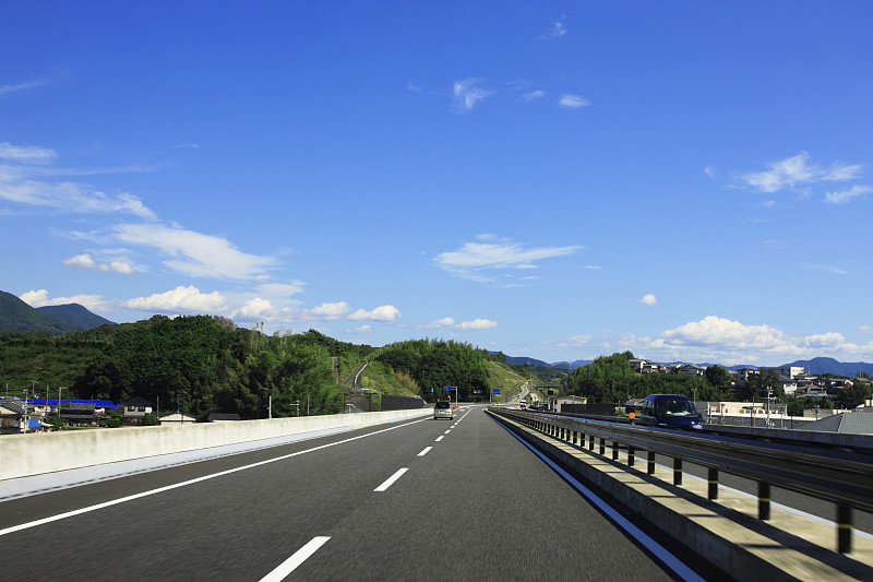 高速摄影,路,天空,迅速,水平画幅,云,地形,蓝色,日本,公路