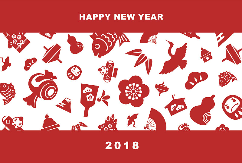 新年卡,绘画插图,2018,镜饼,羽子板,梅子,祷文版,门松,折扇,可折叠的