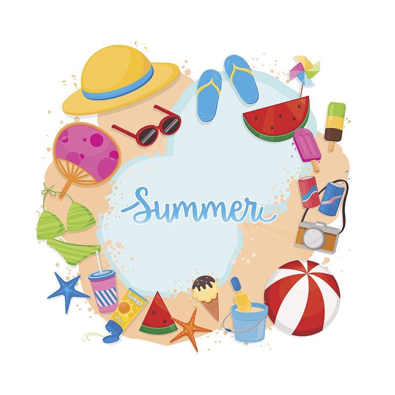 夏天,模板,冰淇淋,球,水,美,边框,沙子,无人,绘画插图