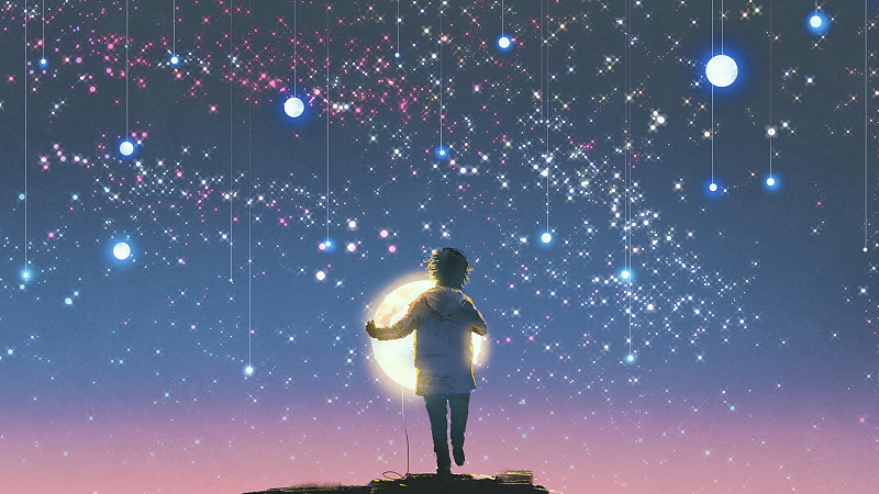 星星,月亮,悬挂的,男孩,拿着,天空,艺术,水平画幅,夜晚