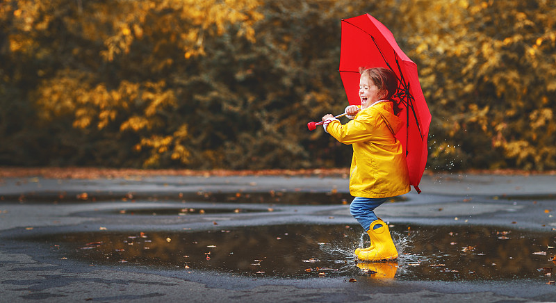 伞,儿童,幸福,秋天,女孩,水坑,雨鞋,平衡折角灯,水,美