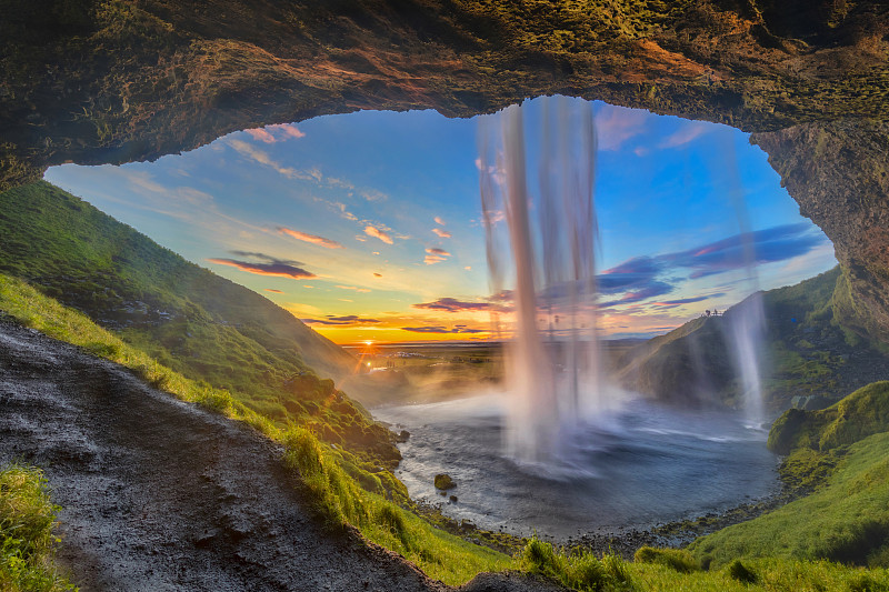 冰岛国,seljalandsfoss,waterfall,瀑布,在之后,水,夏天,戏剧性的景观,国际著名景点,黄金圈路线,著名景点
