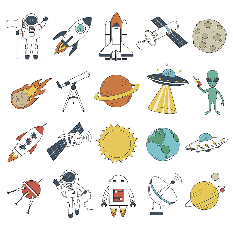 组物体,太空,绘画插图,星系,望远镜,宇航员,土星,月亮,太空船,太空旅行器