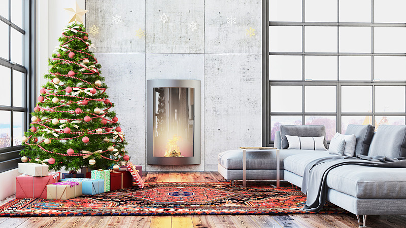 壁炉,圣诞树,礼物,室内,扶手椅,留白,家庭生活,居住区,现代