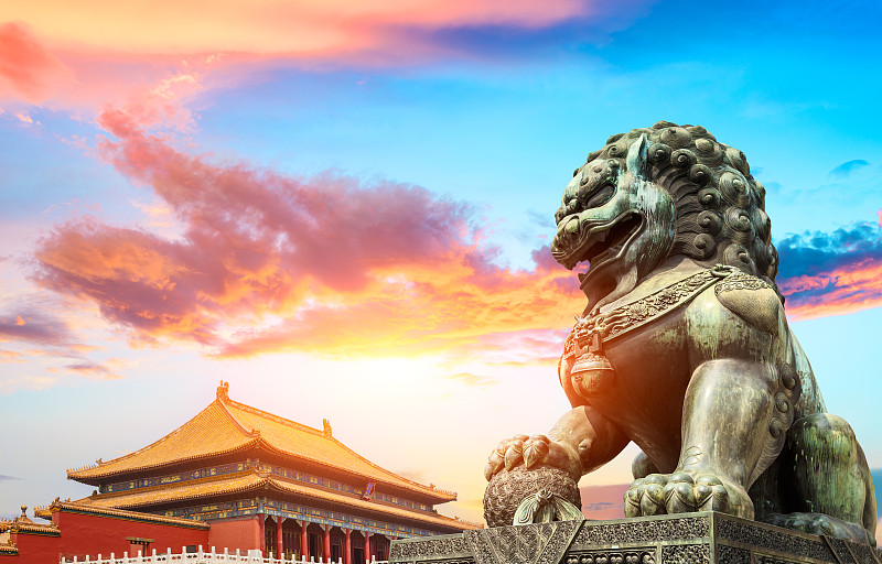 故宫,狮子,北京,汉字,青铜,铜像,禁止的,著名景点,博物馆,宫殿