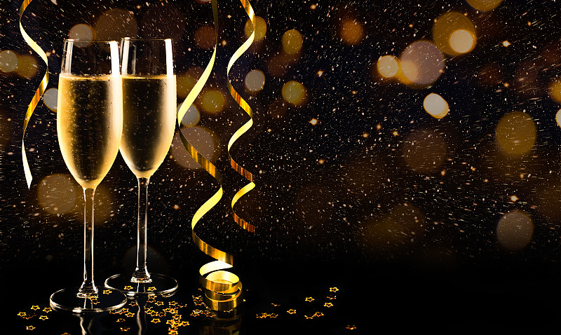 香槟,新年前夕,葡萄酒,贺卡,留白,水平画幅,夜晚,无人,含酒精饮料