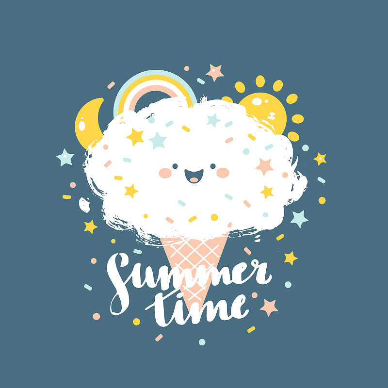 冰淇淋,绘画插图,夏天,矢量,可爱的,贺卡,夜晚,奶油,标签,短语