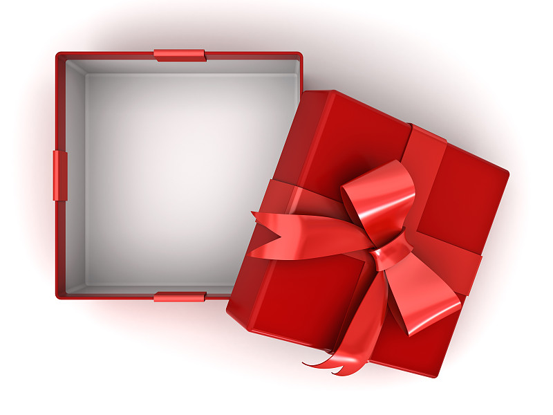 蝴蝶结,盒子,开着的,空白的,红色,礼物,包装纸,白色背景,分离着色,三维图形