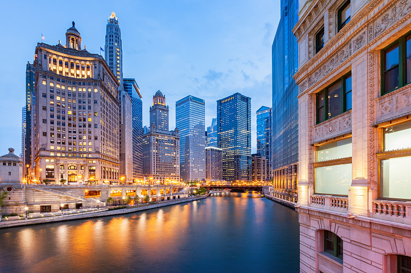 芝加哥市,美国,伊利诺伊河,水,芝加哥河,水平画幅,夜晚,无人,曙暮光,户外