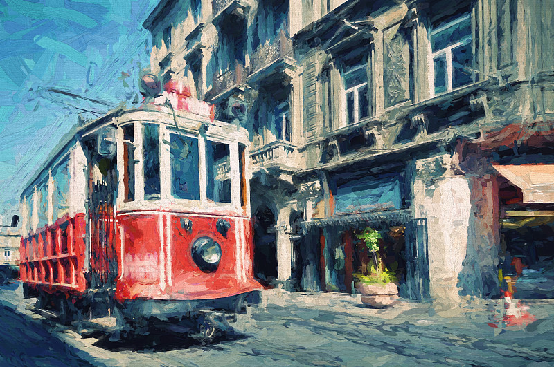 独立大道,贝伊奥卢,伊斯坦布尔,有轨电车,古董,印象主义,缆车,绘画作品,过去,艺术