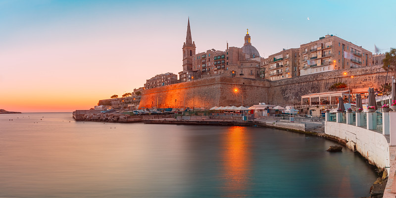 马耳他,黎明,城市天际线,瓦莱塔,美,水平画幅,夜晚,海港,古老的