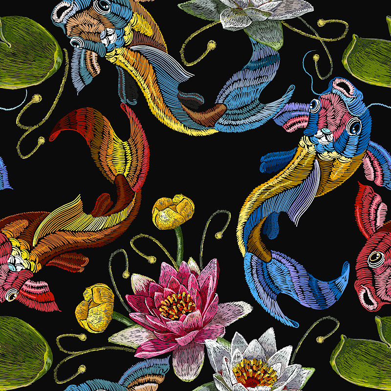 水,荷花,睡莲,四方连续纹样,锦鲤,百合花,模板,矢量,衣服,刺绣