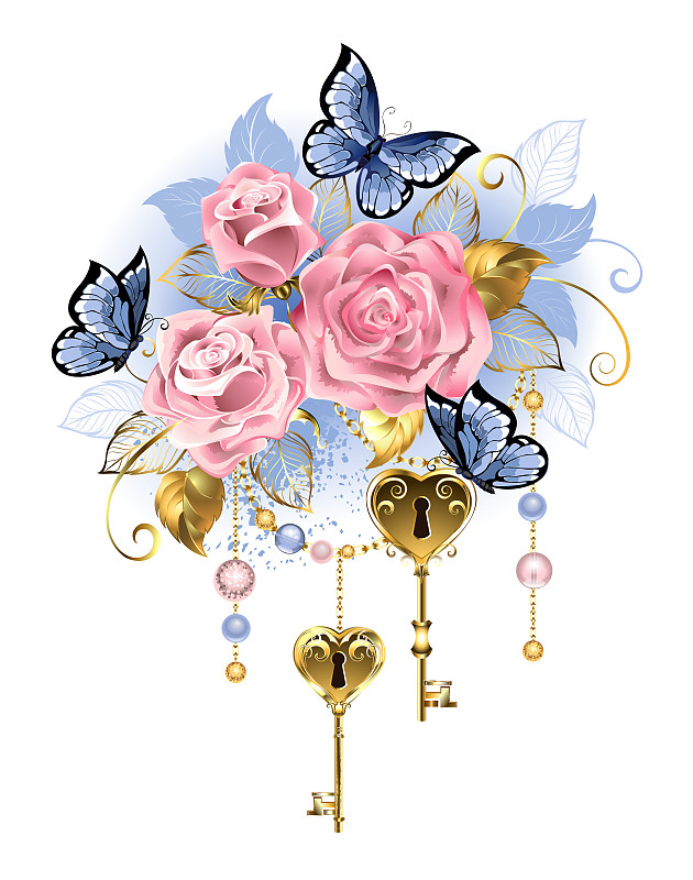 玫瑰,粉色,钥匙,垂直画幅,绘画插图,芙蓉石,链,俄罗斯,人造珠宝,花束