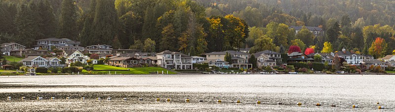 滨水,美国,全景,华盛顿州,住房,水平画幅,郊区,撒马密西湖州立公园,无人,运河