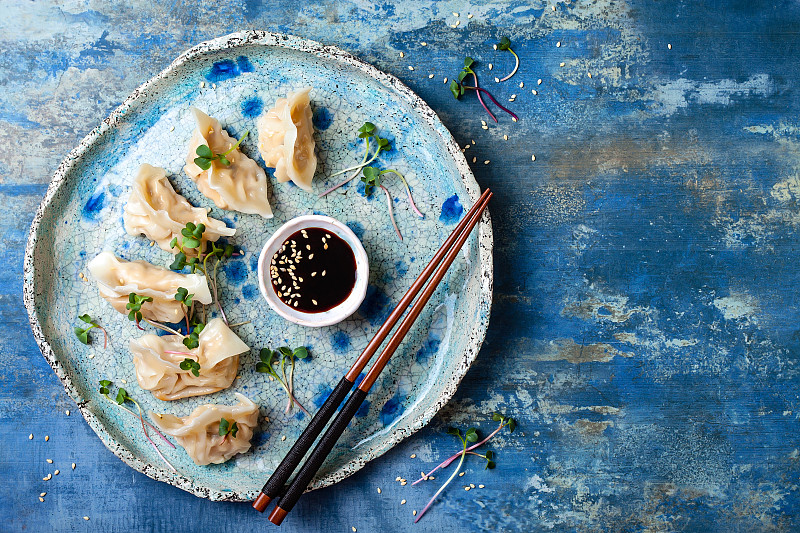 饺子,点心,酱油,芝麻,留白,传统,亚洲,平铺,麦克格林,蒸菜