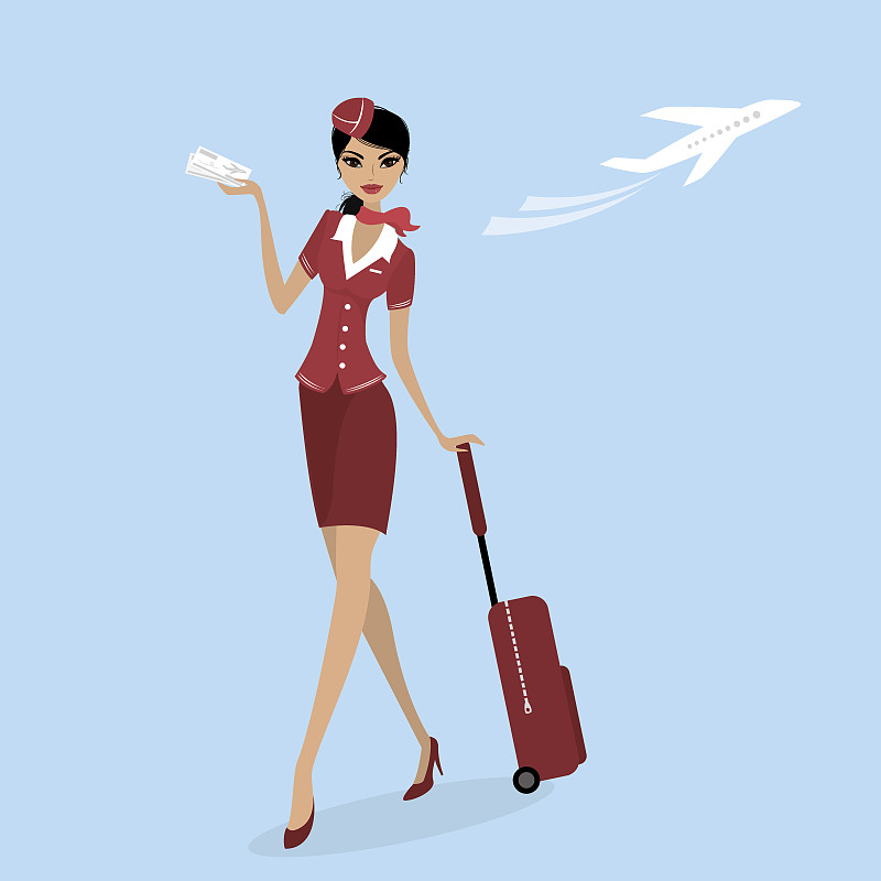 机舱乘务员,手提箱,飞机,票,天空,风,绘画插图,性格,旅行者,制服