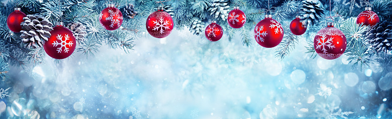 悬挂的,红色,枝,杉树,圣诞球,边框,圣诞卡,水平画幅,雪