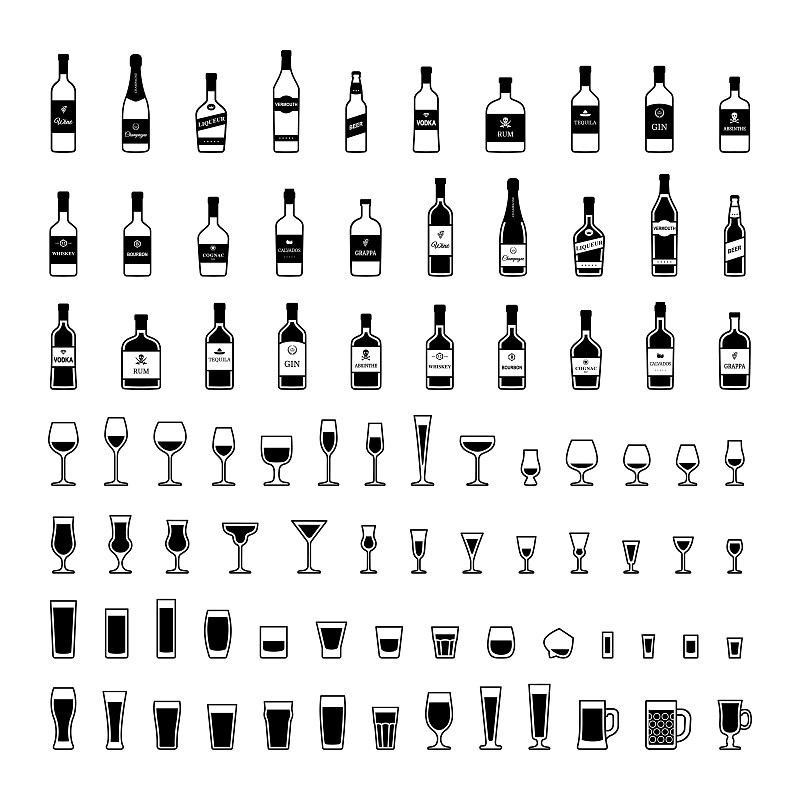 瓶子,矢量,含酒精饮料,风格,黑白图片,与众不同,酒瓶,葡萄酒,咖啡杯,背景分离