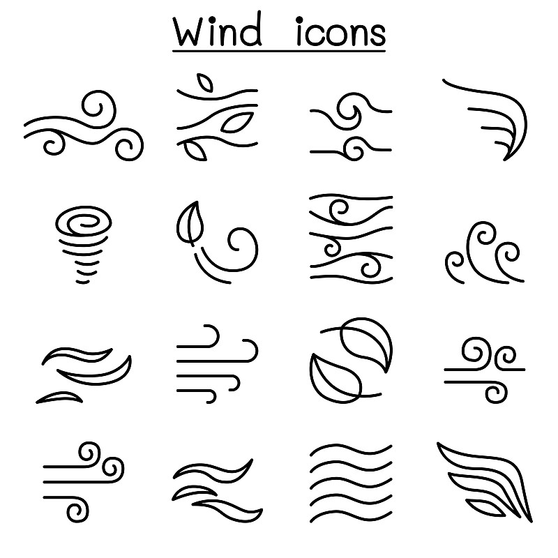 风,细的,线条,图标集,高雅,暴风雨,气候,形状,绘画插图,符号