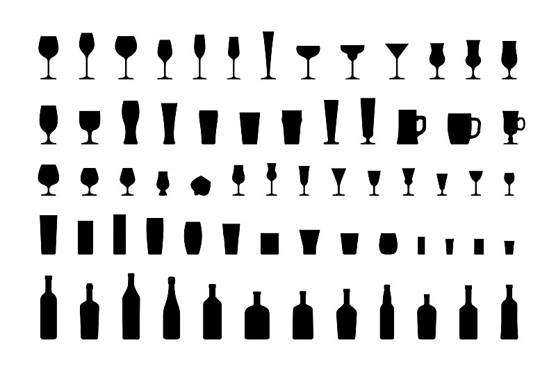 瓶子,图标集,矢量,玻璃杯,黑色,葡萄酒,背景分离,咖啡杯,郁金香