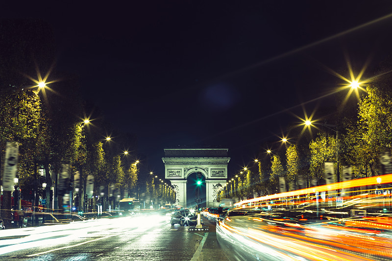 凯旋门,夜晚,街道,城市,交通,香榭丽舍大道,长时间曝光,巴黎,旅游,照亮