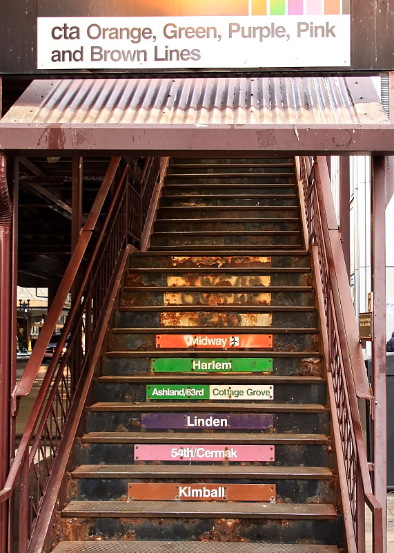 Elevated,“El”,Train,stairway,on,Wabash,Avenue,in,Chicago,Loop