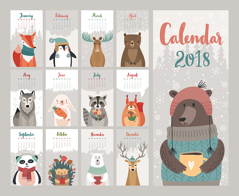 可爱的,动物,日历,2018,森林,绘画插图,贺卡,新的,性格,计算机制图
