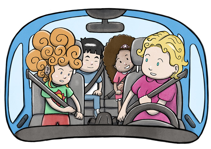 汽车,母亲,三个孩子的家庭,安全绳,正面视角,绘画插图,座位,性格,保险箱,卡通
